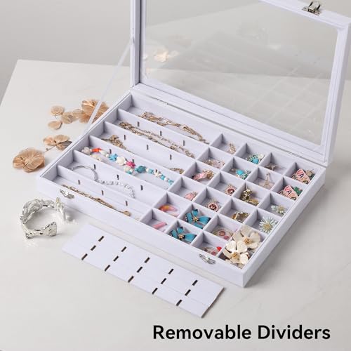 Frebeauty 48 Grid Earring Organizer,Velvet Jewelry Tray with Clear Lid White