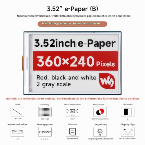 Waveshare 3.52 inch e-Paper Display (B), e-Ink Display, 360 x 240, Red/Black/White, Compatible with Raspberry Pi 5/4B/3B/Zero/Zero W/Zero 2W/Pico/Pico, Support Jetson Nano/TX2/Xavier N/Orin and RDK X3