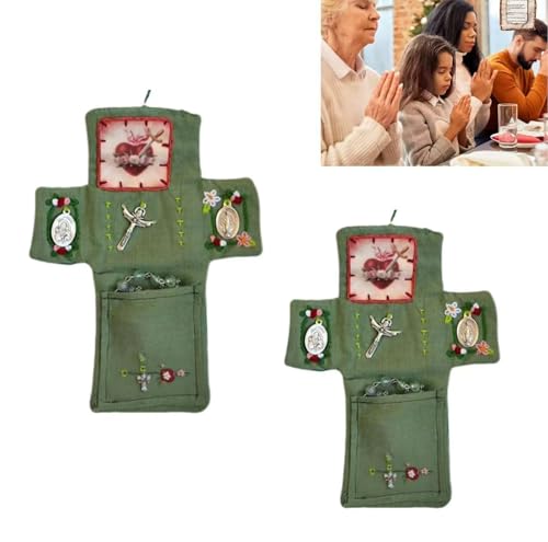 2Pcs Handmade Catholic Pocket Shrine with Silver Cross Inside - Portable Devotional Altar Shrine with Intricate Embroidery Design, Pocket Cross for Prayer, Ideal Religious Gift and Spiritual Keepsake