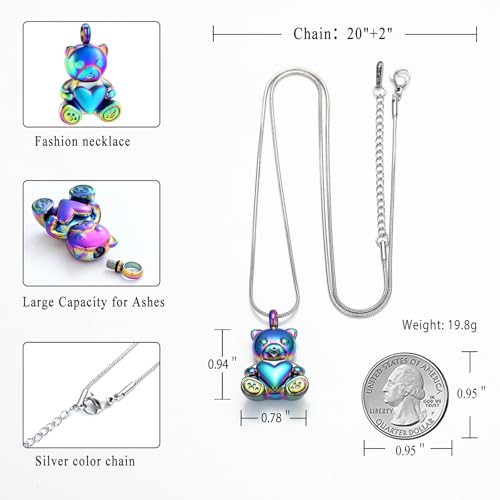 Cremation Jewelry - Teddy Bear Urn Necklace for Men Women with Mini Keepsake Urn Memorial Ash Jewelry Colorful