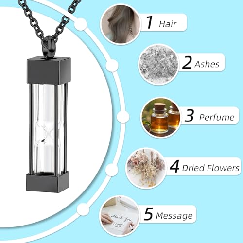 Glass Hourglass Cremation Jewelry Necklace for Ashes Memorial Lockets for Stainless Steel Keepsake Urn Ashes Pendants for Women/Men Loved One Memorial Jewelry Black