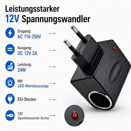 Powice Adapter 12 V to 230 V, 230 V to 12 V Cigarette Lighter Socket 24 W 2 A - AC/DC Voltage Converter EU Plug, 220 V to 12 V Converter for Car Devices, Compressor, Cool Box