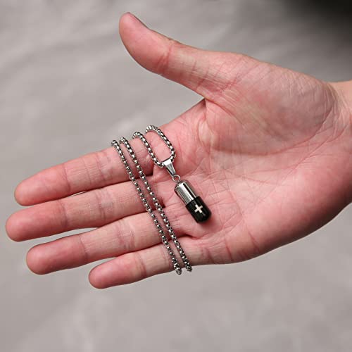 STWTR Stainless Steel Cylindrical Souvenir Capsule Pill Pendant Necklace, Cremated Ashes Pill Container Necklace Black-B
