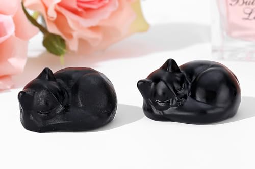 QINJIEJIE Black Obsidian Cat Crystals Decor Matt Sleeping Cat Statue Gifts H-black-matt Obsidian 1.5 inches