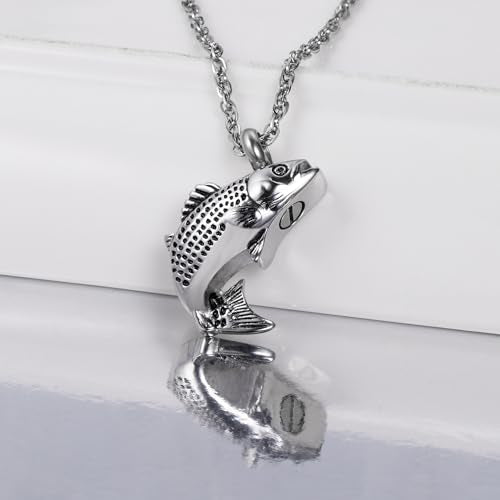 Gredstar Fish Urn Necklace for Ashes, Fishing Memorial Keepsake Pendant Silver