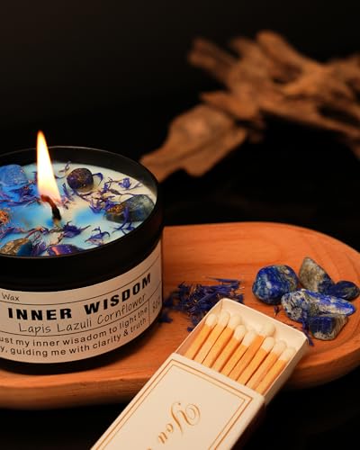 Inner Wisdom Candle – Lapis Lazuli Intuition Ritual | Third Eye Chakra | Clarity | Self-Trust | Spiritual Gift | Vegan Soy Crystal Candle (8 oz). Inner Wisdom
