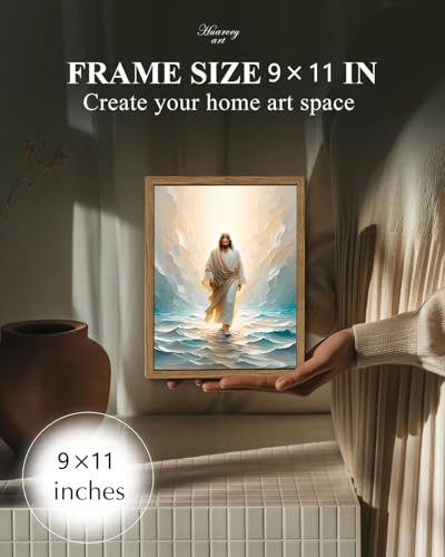 Natural Wood Framed Jesus Walking On Water Canvas Wall Art Religious Poster Christian Inspirational Paintings Prints Bible Pictures Home Decor for Livingroom Bedroom Church Prayer Room-9x11inch style-2-Natural wood Framed 9"L x 11"W