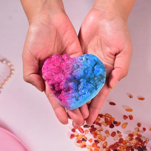 JIC Gem Red Blue Titanium Coated Large Heart Crystal Cluster Geode Healing Crystals Heart Shaped Rocks with Crystal Display Stand Home Decor Reiki Meditation 3.14-3.54 inch Bluepink