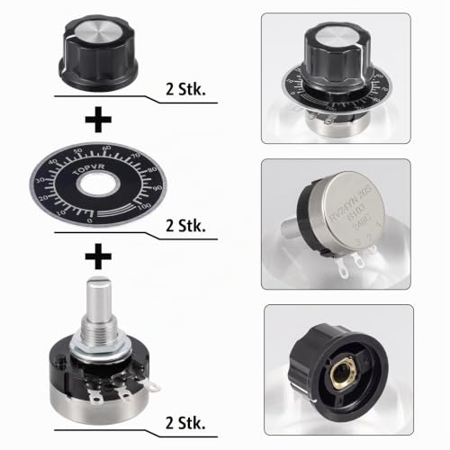 RV24YN20S 10K Ohm Potentiometer Single Turn B103 Taper Rotary Potentiometer 3 Clamps Single Turn Carbon Film Potentiometer Variable Resistors with A03 Knobs and Dial Pack of 2 B103-10K Ohm