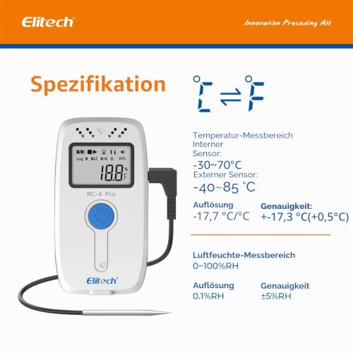 Elitech RC-4Pro Reusable Temperature Data Logger -40~85°C USB Data Logger for PDF & CSV 64000 Records with Free Software & Acoustic Alarm for Laboratory Temperature Monitoring Temperature RC-4 Pro 1