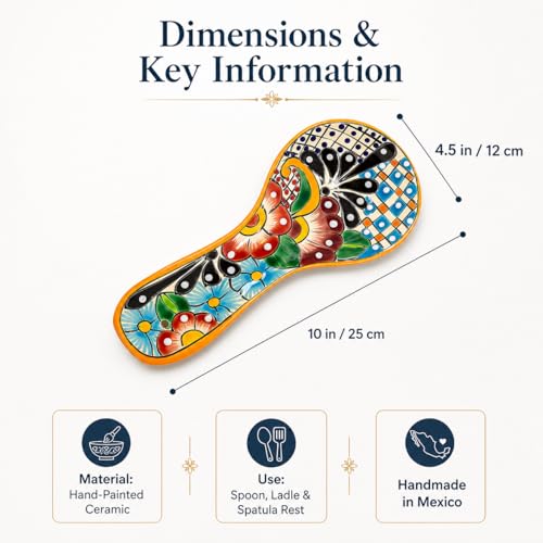 Multicolor Mexican Talavera ceramic spoon rest with vibrant patterns, designed by Casa Fiesta Designs.