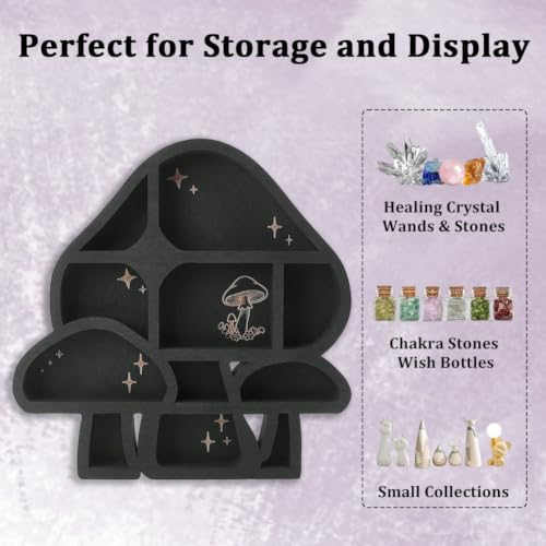 Crystal Display Wall Mount 11.8 x 11.8 Inch Rustic Floating Wall Decor, Wooden Mushroom Shelves Oils Trinkets Gemstone Storage Organizer for Meditation Art Spiritual Gift Boho Room Decor