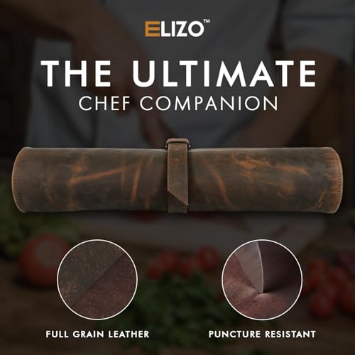 ELIZO Leather Knife Roll Chef Knife Bag Professional Chef Knifes Roll Bag Travel Storage Carrying Case Wrap Holder Sheath Kitchen Carrier Protectors Sleeve Tool Chefs Gift Grizzly