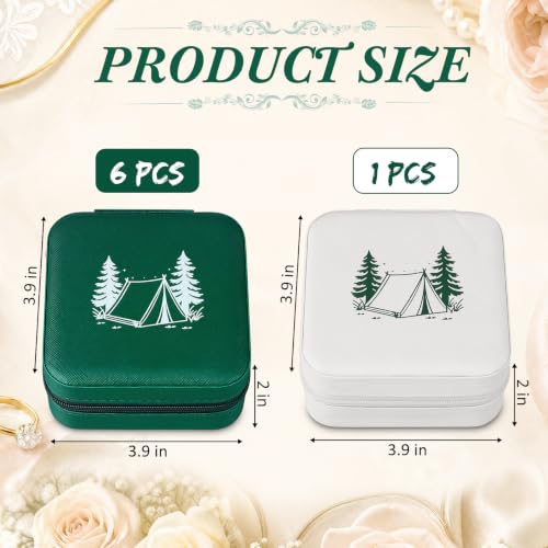 Nosiny 7 Pcs Mini Jewelry Organizer Case, Portable Small Travel Jewelry Box Featuring Forest and Tent for Storing Rings, Earrings, and Necklaces for Camping Wedding Bridal Shower(White, Deep Green)