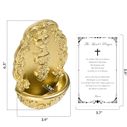 Holy Water Font Sacred Heart Catholic Decor - Holy Water Holder with Lord's Prayer Card Fuente De Agua Bendita for Wall, Altar, Home Entrance Gold