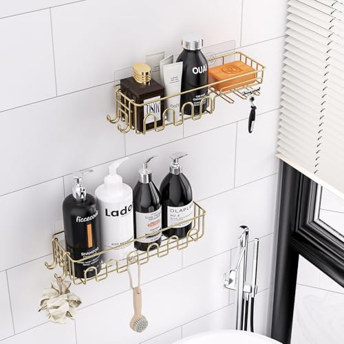 Saydear 4-Pack Adhesive Shower Caddy, Wall Mounted Bathroom Shelf, Gold