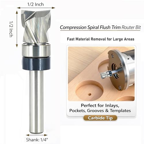 SICWOOD solid carbide compression flush trim router bit, 1/2-inch diameter, 1/4-inch shank, top bearing
