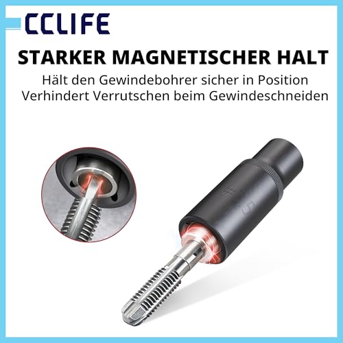 CCLIFE Tap Socket Set 10 Pieces Chrome Vanadium Steel 6.3 mm / in in (1/4 Inch) & 10 mm / in in (3/8 Inch) with Magnet for M1.5-M14 | Secure hold | 1/4 inch & 3/8 inch ratchets | slim design up to 40 mm | Cr-V steel | rust resistant surface | rail