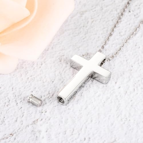 XIUDA 925 Sterling Silver Cremation Jewelry Memorial Cross Urn Necklace for Ashes Keepsake Urns Pendant Necklace for Men Women Silver, With Me Always