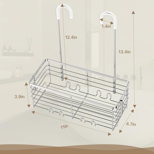 DELLAN Hanging Shower Organizer, Shower Rack with Hooks Over the Door Silver 11"D x 4.7"W x 3.9"H