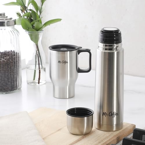 Mr. Coffee 4-Piece Insulated Drinkware Set — Stainless Steel Thermos, Travel Mug with Handle, Cup & Lid for Hot & Cold Drinks Stainless Steel (Javelin) 15.5 Ounces