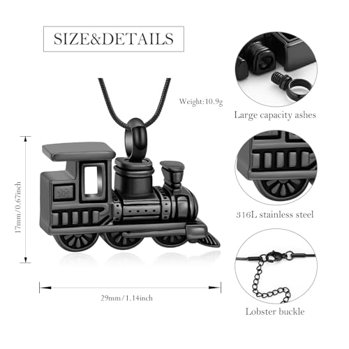 Mini Train Urn Necklace for Ashes Car Cremation Jewelry for Women Men Stainless Steel Memorial Necklaces Ash Holder for Human Pets Keepsake Jewelry for Loved Ones with Fill Tool Black