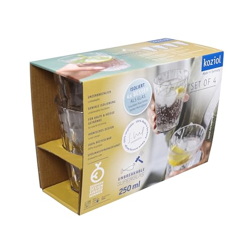 Koziol Superglas Club No. 1 4 Pack 250ml Crystal Clear Plastic Water Glass Luxury Unbreakable Reusable Party Camping Water Glass Set of 4 (Transparent Grey) Transparent Gray