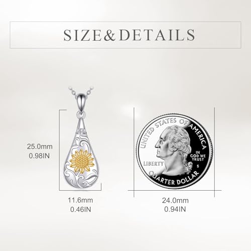 YFN Sterling Silver Sunflower Teardrop Urn Necklace - Cremation Jewelry for Ashes, Memorial Keepsake Pendant with Heartfelt Gift Box