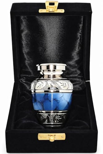Classic Small Mini Cremation Keepsake Urn for Human Ashes – with Box and Velvet Box - 2.6 inch - Blue Fire Design - Made of Brass
