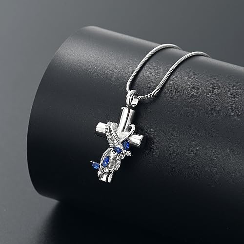 Urn Necklaces for Ashes Butterfly Cremation Jewelry for Ashes for Human Cross with Crystal Butterfly Memorial Ash Pendant Keepsake Jewelry Gifts for Loss of Loved One Silver-blue