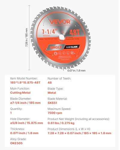 VEVOR Circular Saw Blade (185 mm φ & 48 Sharp Teeth & 1.8 mm Thickness) Ideal for Steel Aluminum, Compatible with Circular Saw, Alloy Steel Saw Blade with Noise Reducing Heat Extractors