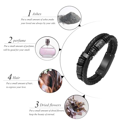 zeqingjw Urn Bracelet for Ashes for Men Viking Thor's Hammer Cremation Bracelet Ashes Keepsake Bangle Leather Braided Urn Jewelry for Loved One Black 24CM