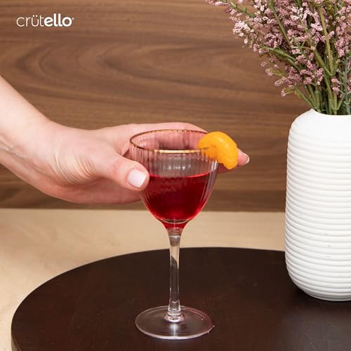 Crutello Nick and Nora Glasses, Set of 4-5 oz, Gold Rim, Ribbed Cocktail Art Deco