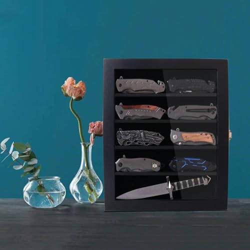 Pocket Knife Display Case,Knife Display case for Wall,Wood Pocket Knife Display Stand,for Pocket Knife and Military Folding Knife Display,Dust and UV Resistant,Lockable,Black
