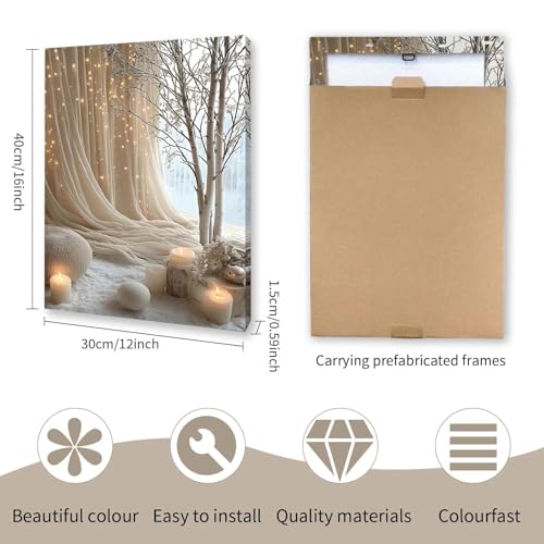 Qiukoo Canvas Wall Art Framed – Cozy Neutral Candle Lights Artwork, Soft Winter Hygge Style Wall Decor for Bedroom, Living Room, Hallway or Entryway Home Decoration, with Hooks and Nails, 12x16 Inch 40L x 30W cm