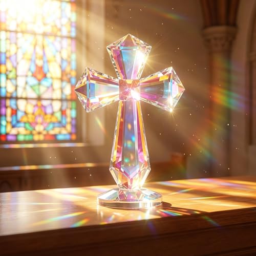 Crystal Cross Standing 6.1 Inch, Handmade Glass Cross Decor Christian Religious Gifts for Women Men Mother, Glass Collectible Figurines Baptism Confirmation Gifts Church Home Office Desk Decoration
