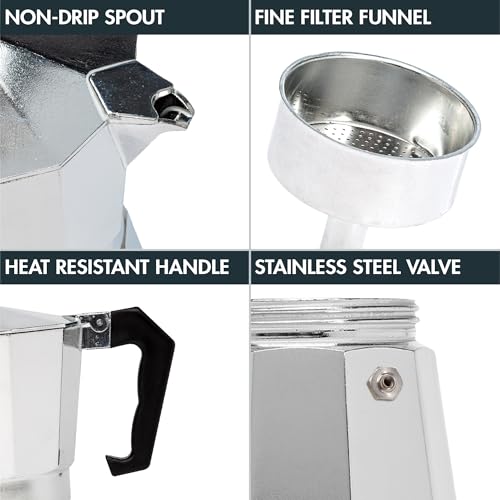 Primula Classic Stovetop Espresso and Coffee Maker, Moka Pot for Italian and Cuban Café Brewing, Greca Coffee Maker, Cafeteras, 6 Espresso Cups, Silver 6 Cup