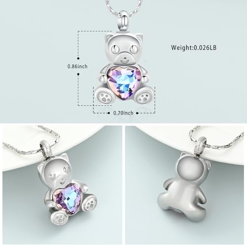 Imrsanl Teddy Bear Cremation Jewelry for Men Women Crystal Heart Memorial Urn Necklaces for Ashes Pendant Human Pet Ashes Holder Keepsake Silver Purple