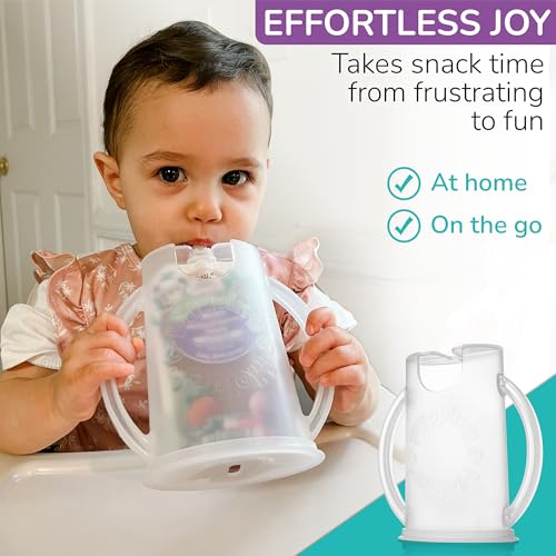 Flipping Holder Squeeze Proof Food Pouch Holder for Toddlers, Babies, Kids, Mess Free No Squeeze Juice Box Drink Holder with Easy Grip Handles and Lid - Made in USA (Blue 3 Pack) Blue 3 Pack