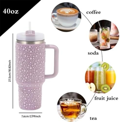 Pearls Bling 40 oz Tumbler with Handle and Straw | Rhinestones 100% Leakproof Stainless Steel Insulated Tumbler with Lid and Straw | Cup Holder Friendly Base -Purple Purple