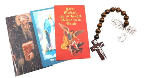 Westmon Works Catholic Rosary Chaplet Set Wooden Prayer Beads Metal Charms of Saint Michael St Benedict and Our Lady of Grace with Three Holy Cards Pack