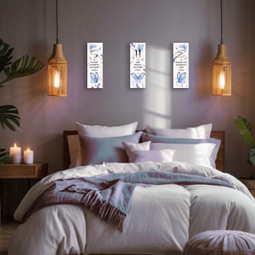DONFENTHY 3 Pcs Butterfly Wall Decor Blue Room Decor Butterfly Wall Art Wooden Hanging with Religious Bible Word Sign for Women Room Bathroom Bedroom Office Decoration(Blue, 12x4 Inch)