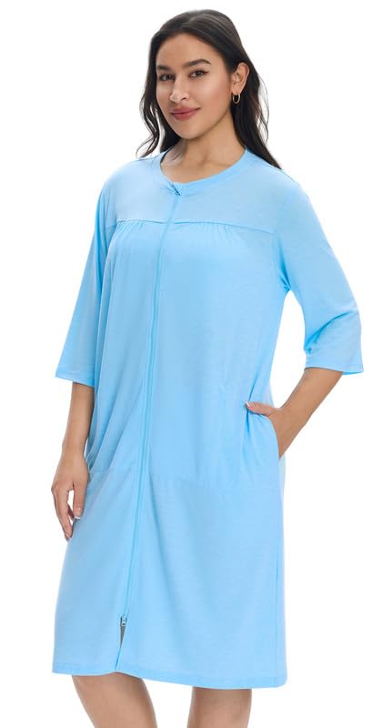 [Australia - AusPower] - Women’s Post Surgery Robe & Hospital Gown with Zipper, Drain & Side Pockets, Mastectomy Recovery Pajamas & Gift Sky Blue Medium 