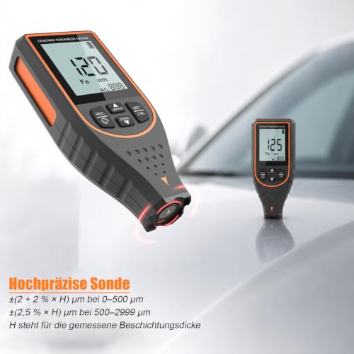 Car Paint Thickness Gauge 0-2999 µm Used Car Check and Workshop | ±2% + 2 µm accuracy, 0.1 µm resolution, Fe/NFe automatic, upper/lower limit alarm, 6-point calibration, 30 value memory
