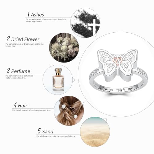 BEILIN 925 Sterling Silver Butterfly Urn Ring for Women Cremation Jewelry 7
