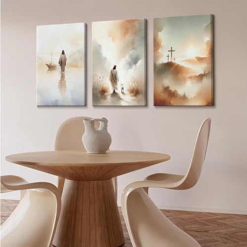 3 Pcs Framed Jesus Wall Art Jesus Walking on Water Canvas Wall Decor Leaves The 99 Sheep Pictures Prints Christian Posters for Living Room Bedroom Church Home Decorations Ready to Hang 12x16in Light Blue 12"W x 16"H
