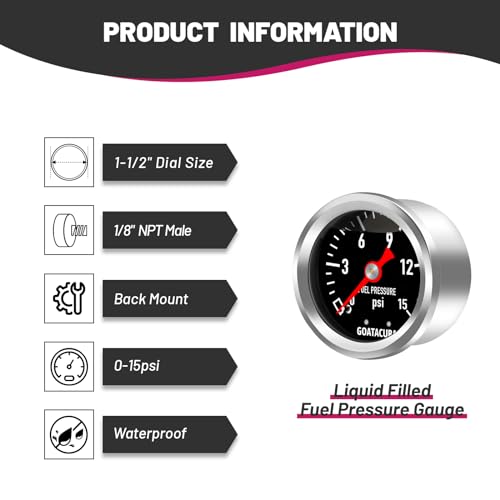 GOATACURA 0-15 PSI glycerin-filled fuel pressure gauge with black dial and 304 stainless steel case