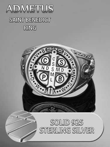 ADMETUS St Benedict Ring for Men 925 Sterling Silver Saint Benedict Ring Exorcism San Benito Medalla Rings for Men Protection Jewellery Religious Gifts Rings Size P1/2