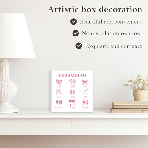 Pink Bow Christian Wooden Box Sign Faith Desk Decor Inspirational Gift BowKnot-Pink