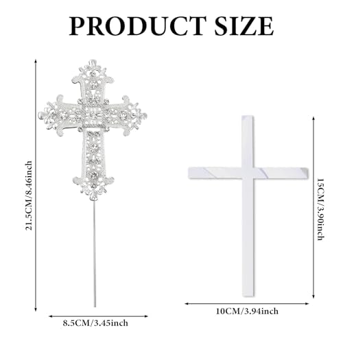 Cross Cake Topper - 2PCS Baptism Cake Topper with Rhinestone and Acrylic Designs, Glitter Cross Religious God Bless Cakes, Christening Decorations for Birthday Baby Shower Crossing Toppers Sliver